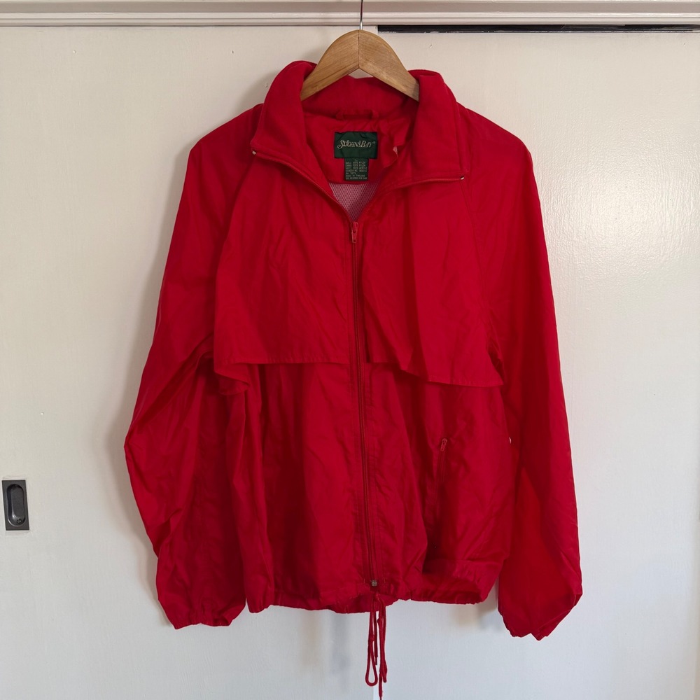 Vintage St Johns Bay Mens Red Nylon Windbreaker Jacket Full Zip Large 90s Vented